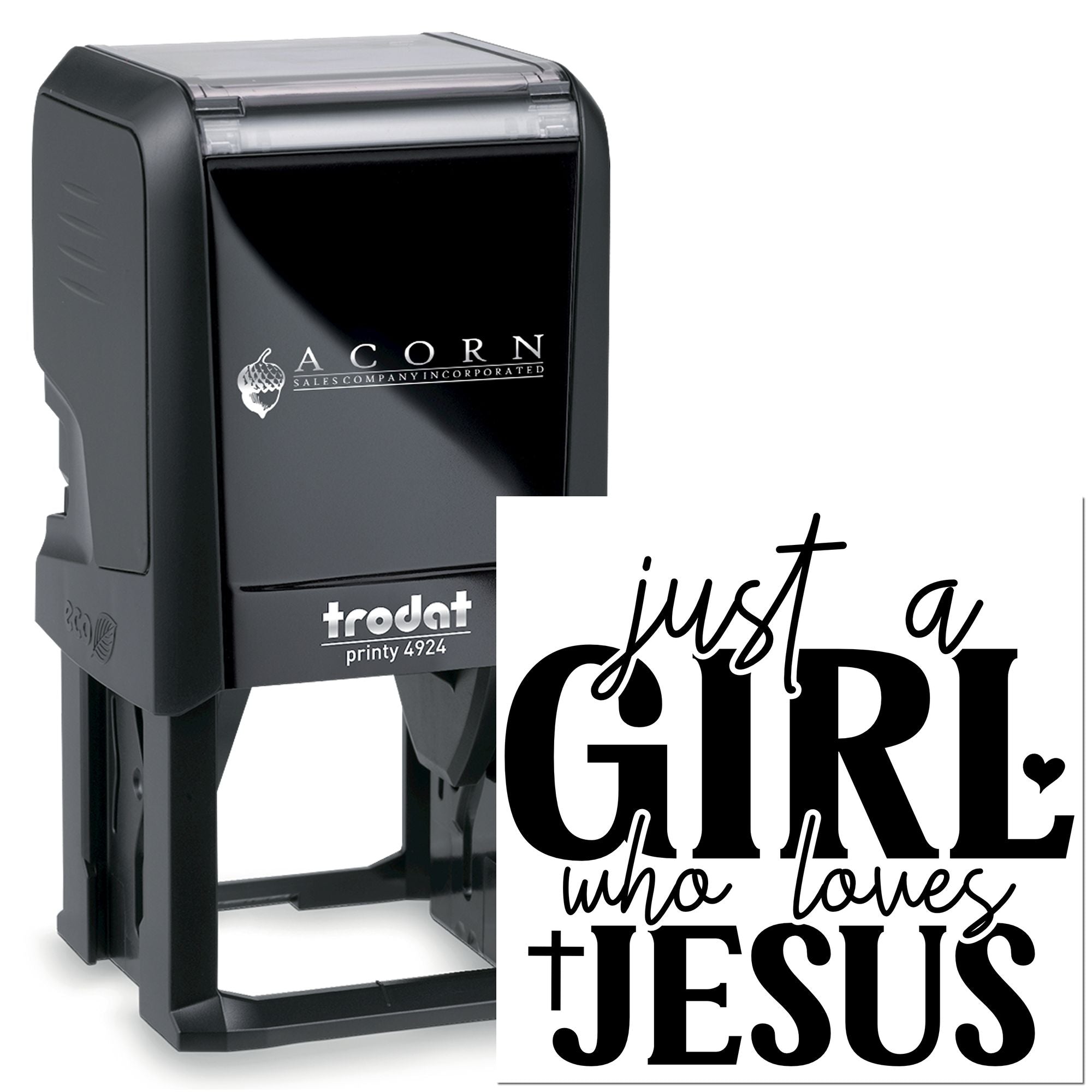 Self-inking rubber stamp with Just a Girl Who Loves Jesus design for custom Christian crafts, gifts, and stationery.