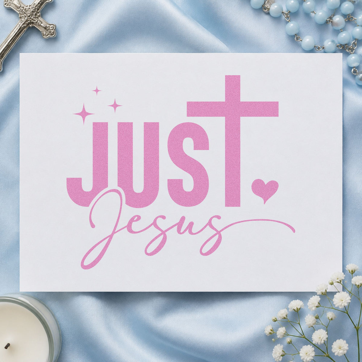 Just Jesus craft stamp in purple ink on cardstock, an easy option for minimalist gift tags.