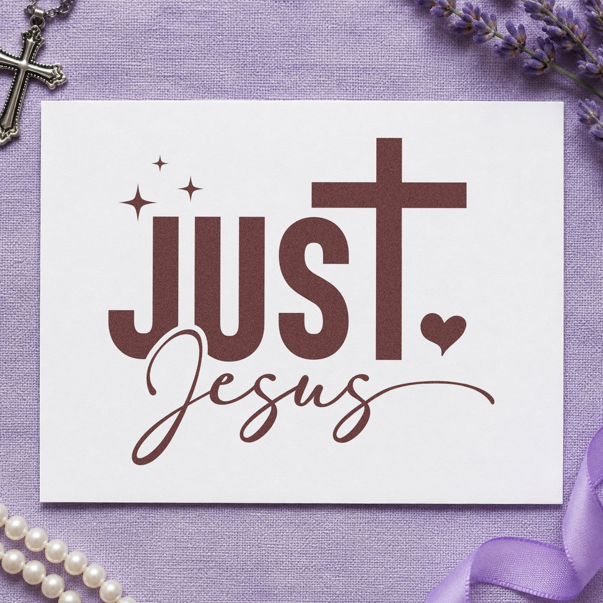 Just Jesus rubber stamp printed in brown ink, ready for faith title blocks and similar paper crafts.