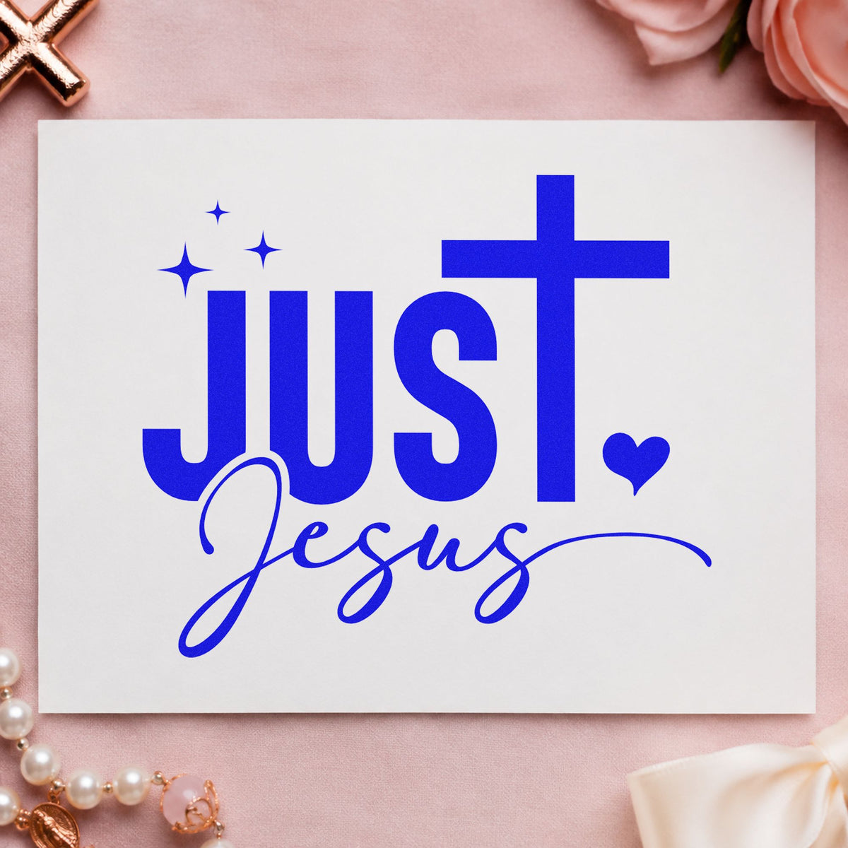 Just Jesus craft stamp imprinted in blue ink on paper, a design suited to envelope seals.