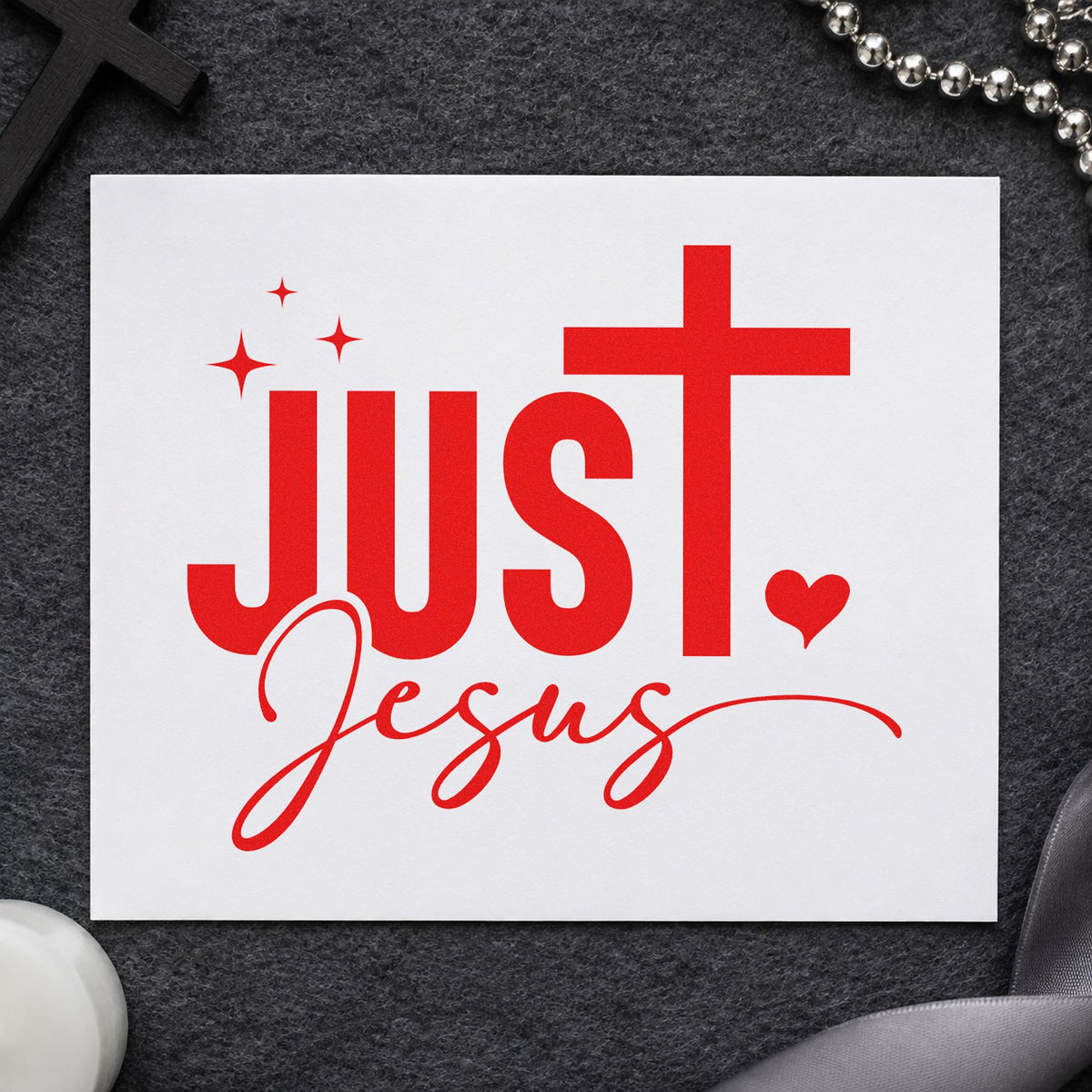 Just Jesus rubber stamp shown in red ink, stamped for projects such as ornament tags.