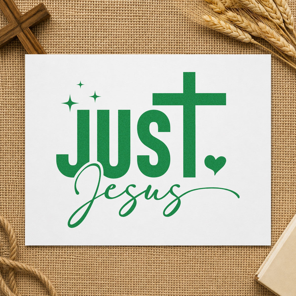 Just Jesus craft stamp imprint in green ink on a handmade project, one idea being framed shelf art.