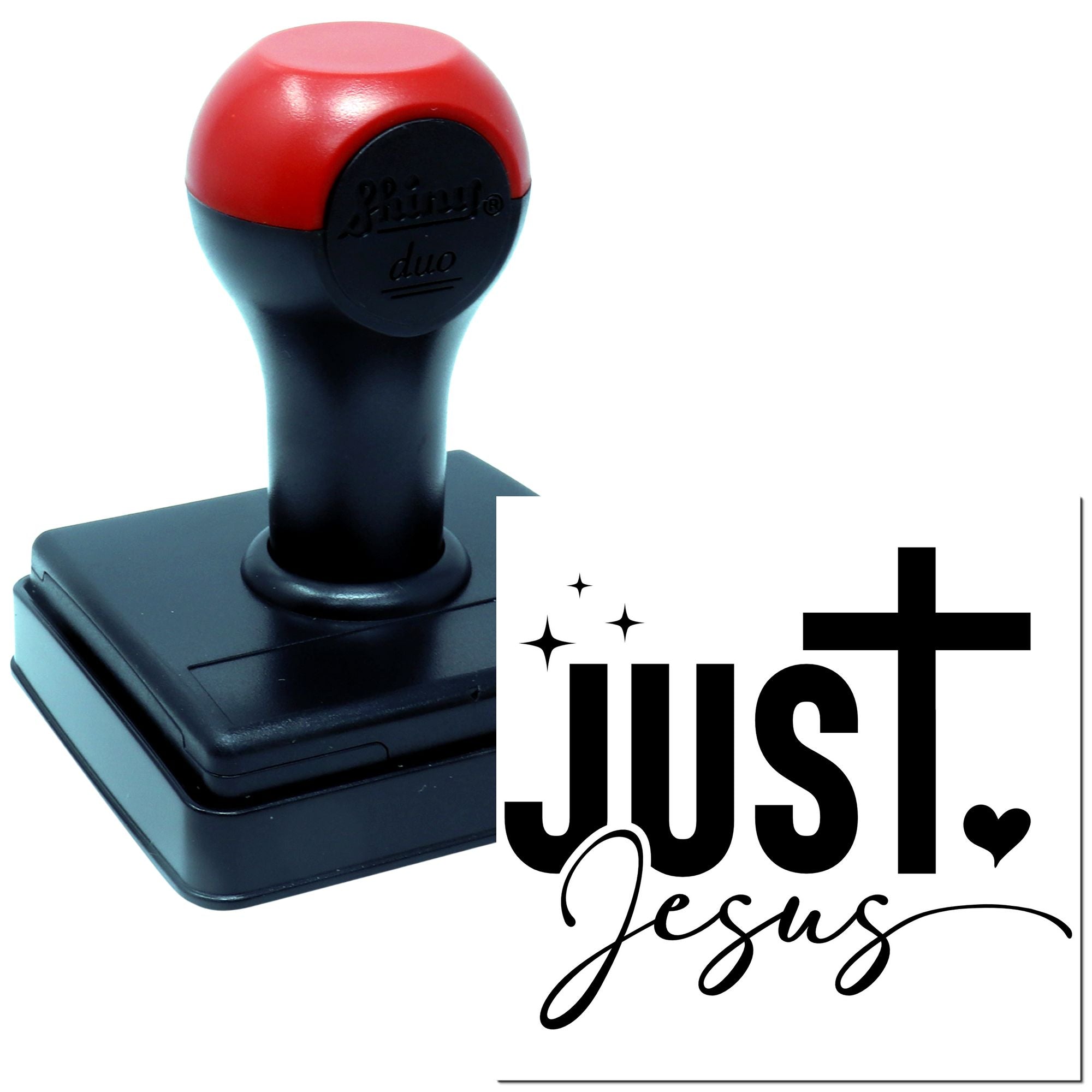 Self-inking rubber stamp with Just Jesus design for custom Christian imprinting.