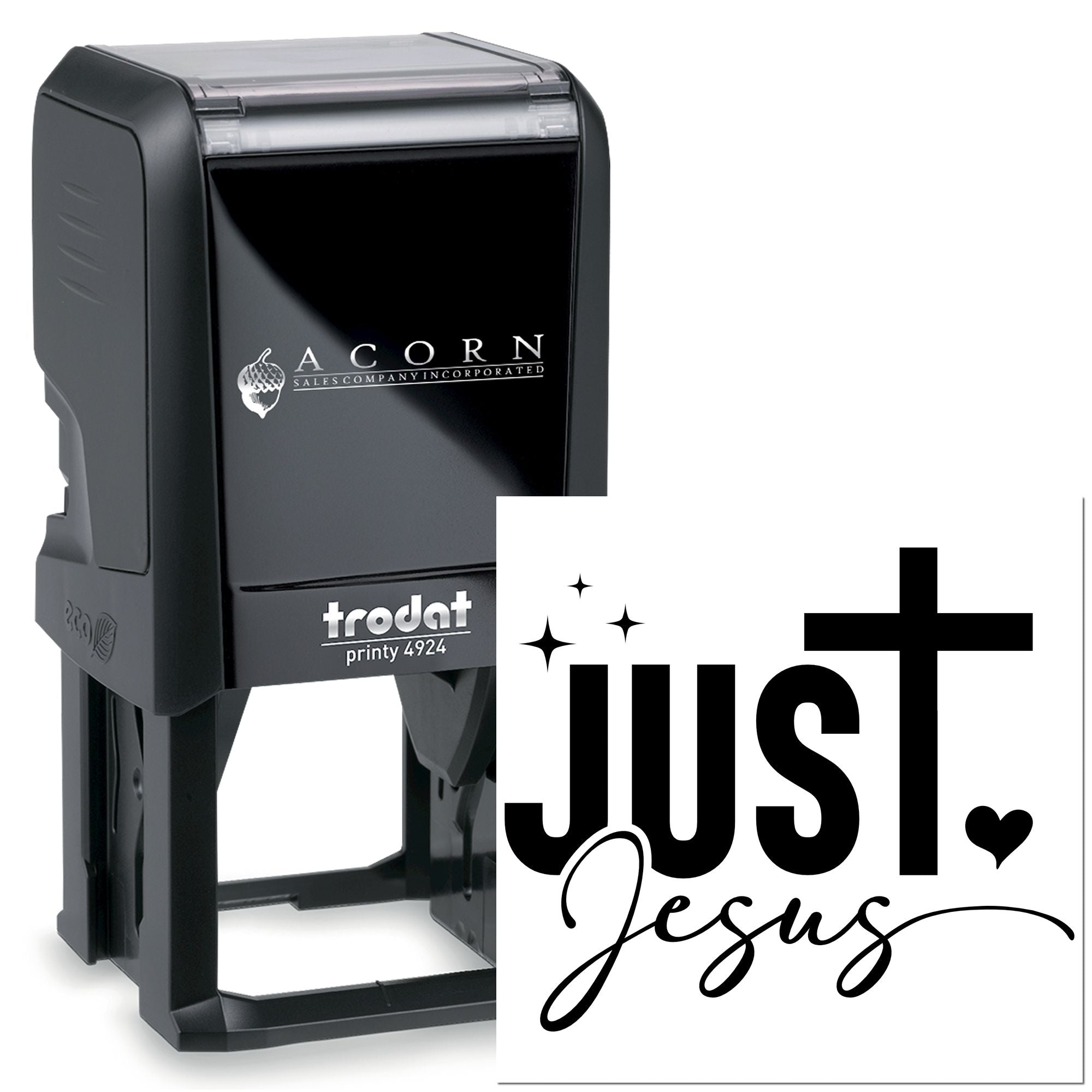 Custom Trodat self-inking rubber stamp with Just Jesus design for faith-based branding and church stationery.