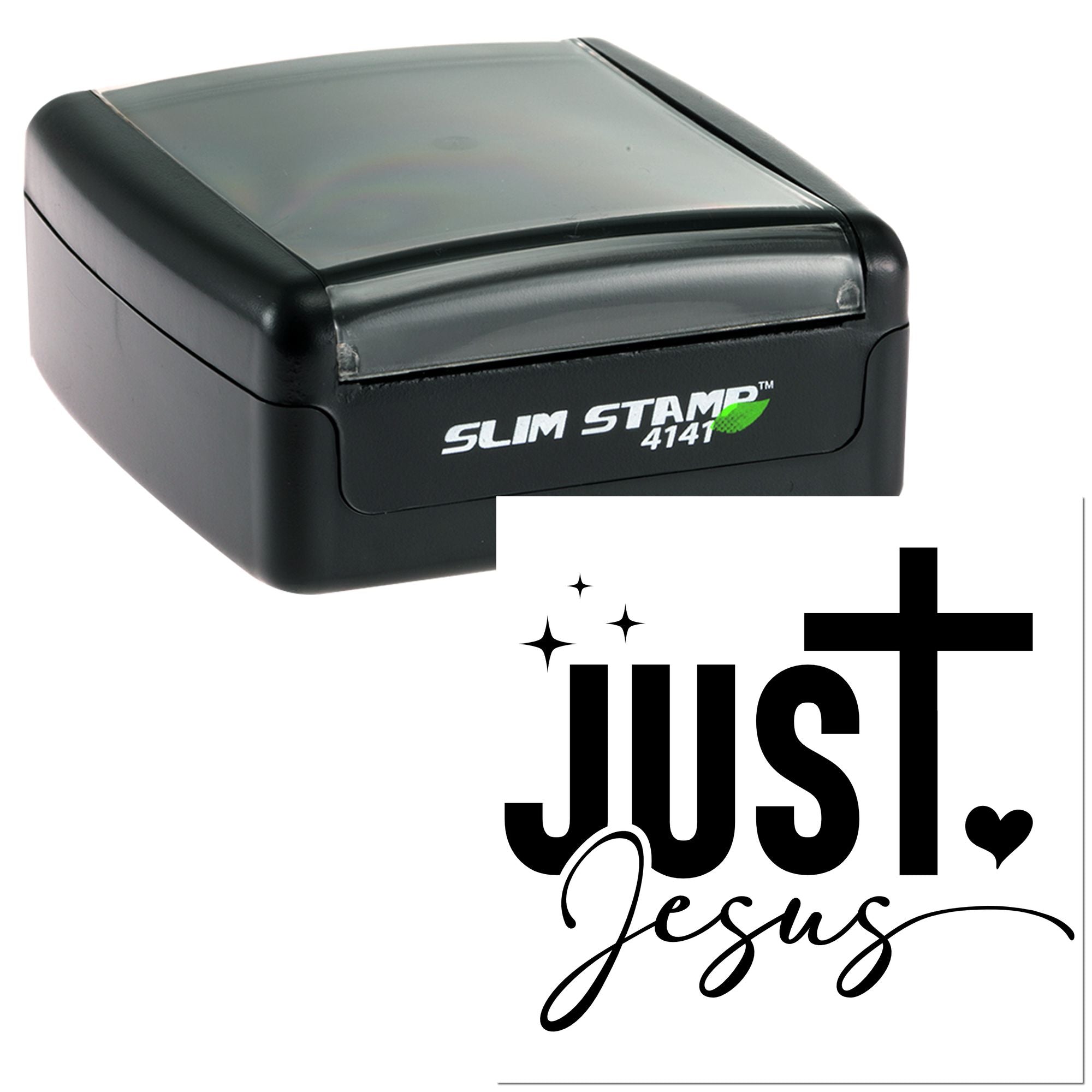 Black self-inking rubber stamp with Just Jesus Christian design and cross icon for faith-based custom stamping.
