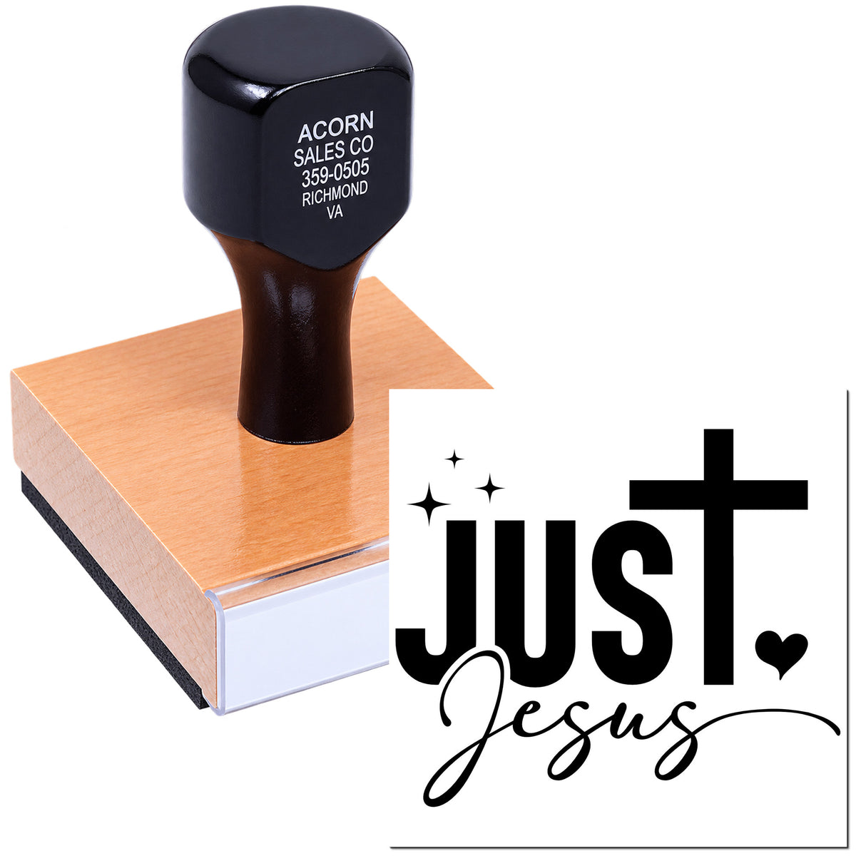 Custom Christian rubber stamp with Just Jesus design for faith-based crafts, cards, and church projects.