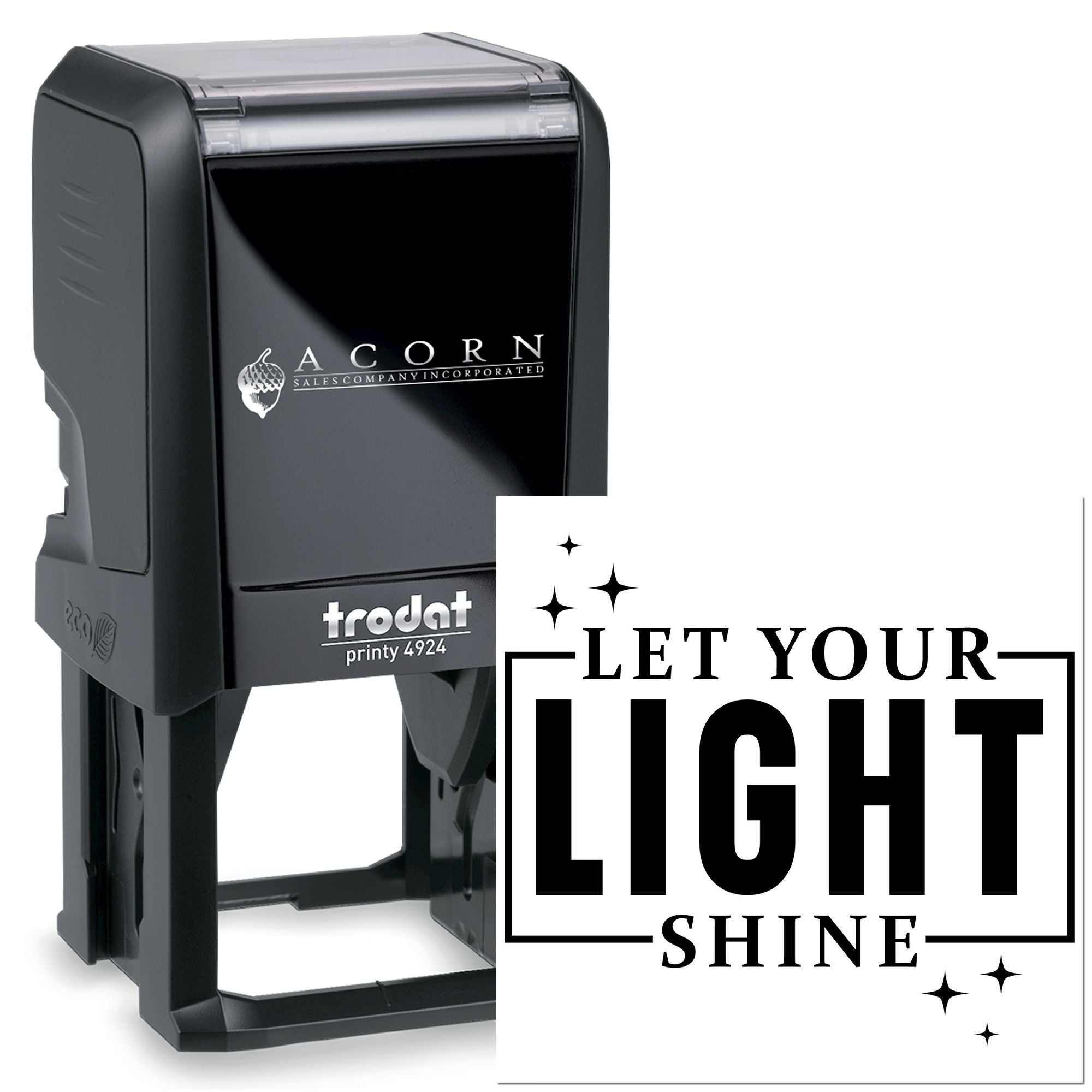 Custom self-inking rubber stamp, Trodat Printy 4924, with Let Your Light Shine design for business branding