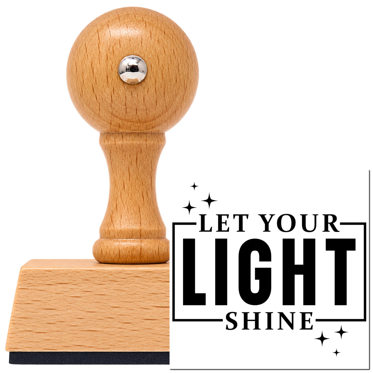 Let Your Light Shine Vintage Pro rubber stamp in European beech wood with a round knob handle, shown beside its black imprint.