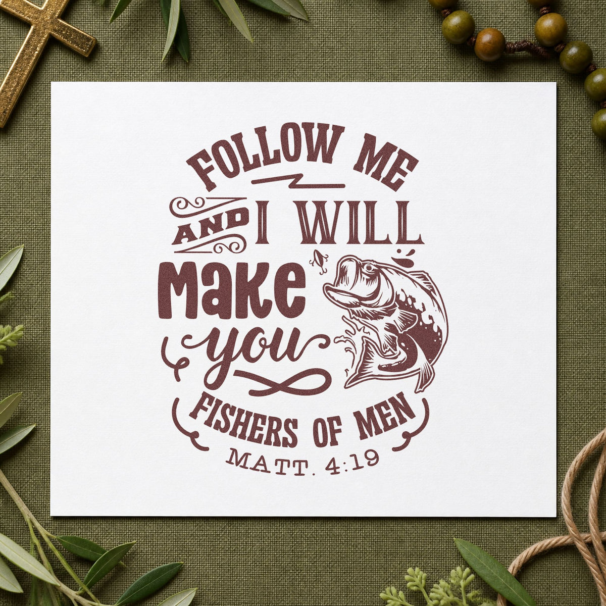 Follow Me Fishers of Men rubber stamp printed in brown ink, ready for fishing trip pages and similar paper crafts.
