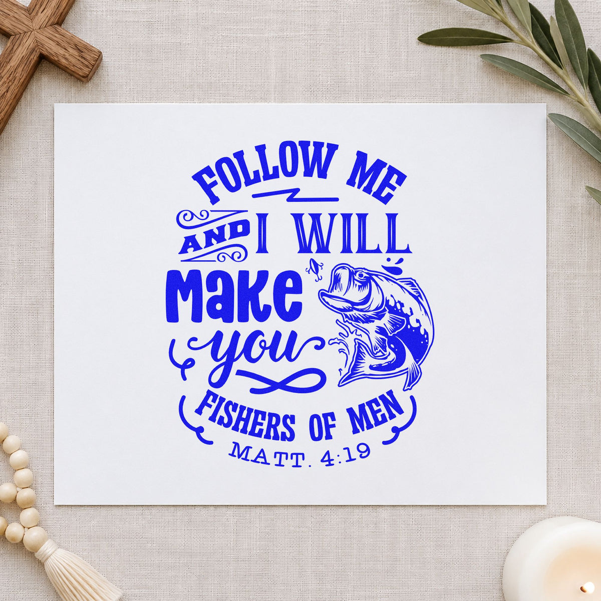 Follow Me Fishers of Men craft stamp imprinted in blue ink on paper, a design suited to retirement gifts.