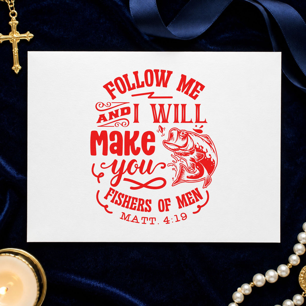 Follow Me Fishers of Men rubber stamp shown in red ink, stamped for projects such as evangelism handouts.
