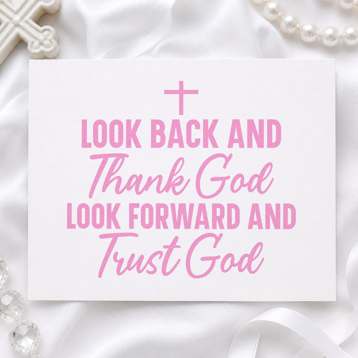 Thank God and Trust God craft stamp in purple ink on cardstock, an easy option for new year letters.