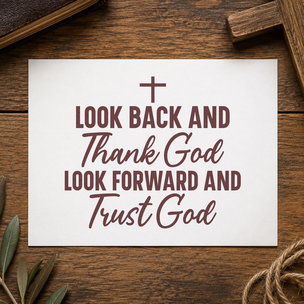 Thank God and Trust God rubber stamp printed in brown ink, ready for year in review pages and similar paper crafts.