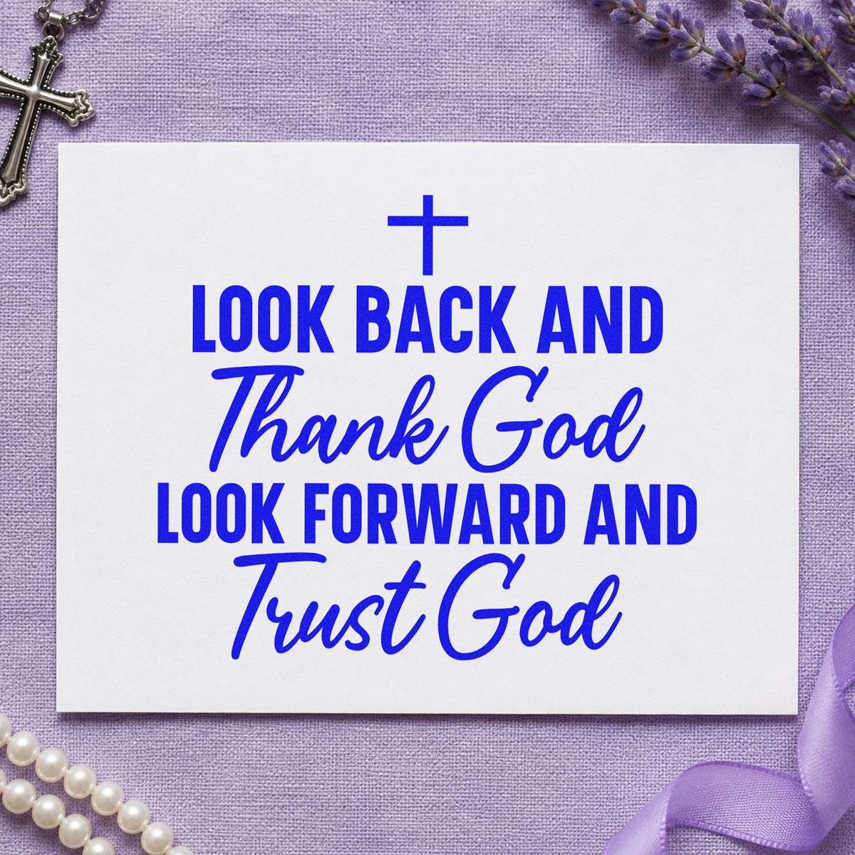Thank God and Trust God craft stamp in blue ink on cardstock, an easy option for canvas totes.