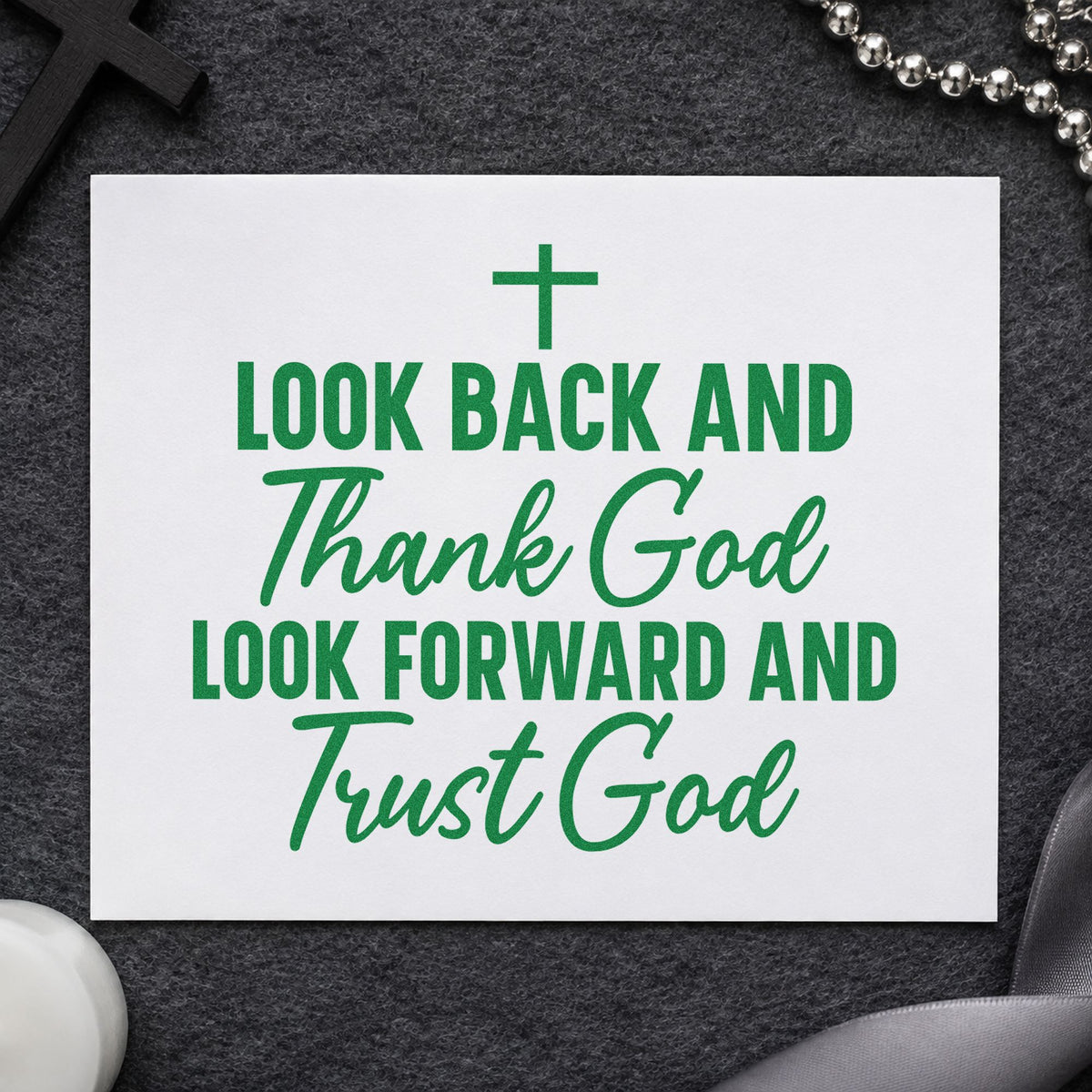 Thank God and Trust God craft stamp imprint in green ink on a handmade project, one idea being planner first pages.