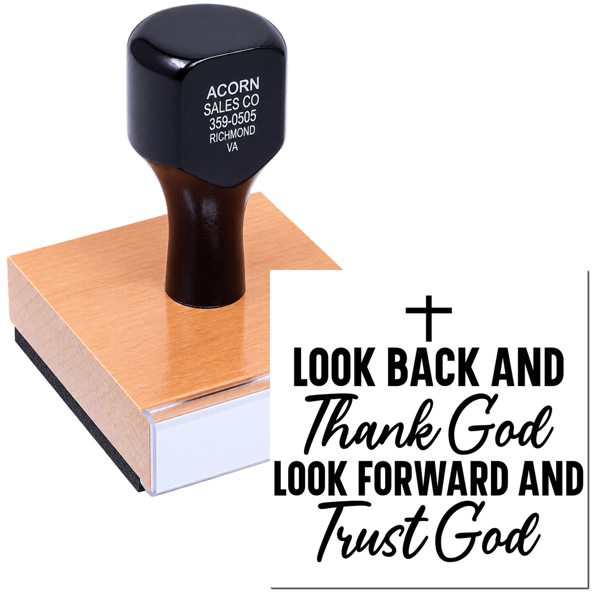 Christian rubber stamp with cross and Look back and thank God, look forward and trust God quote for faith-based crafts