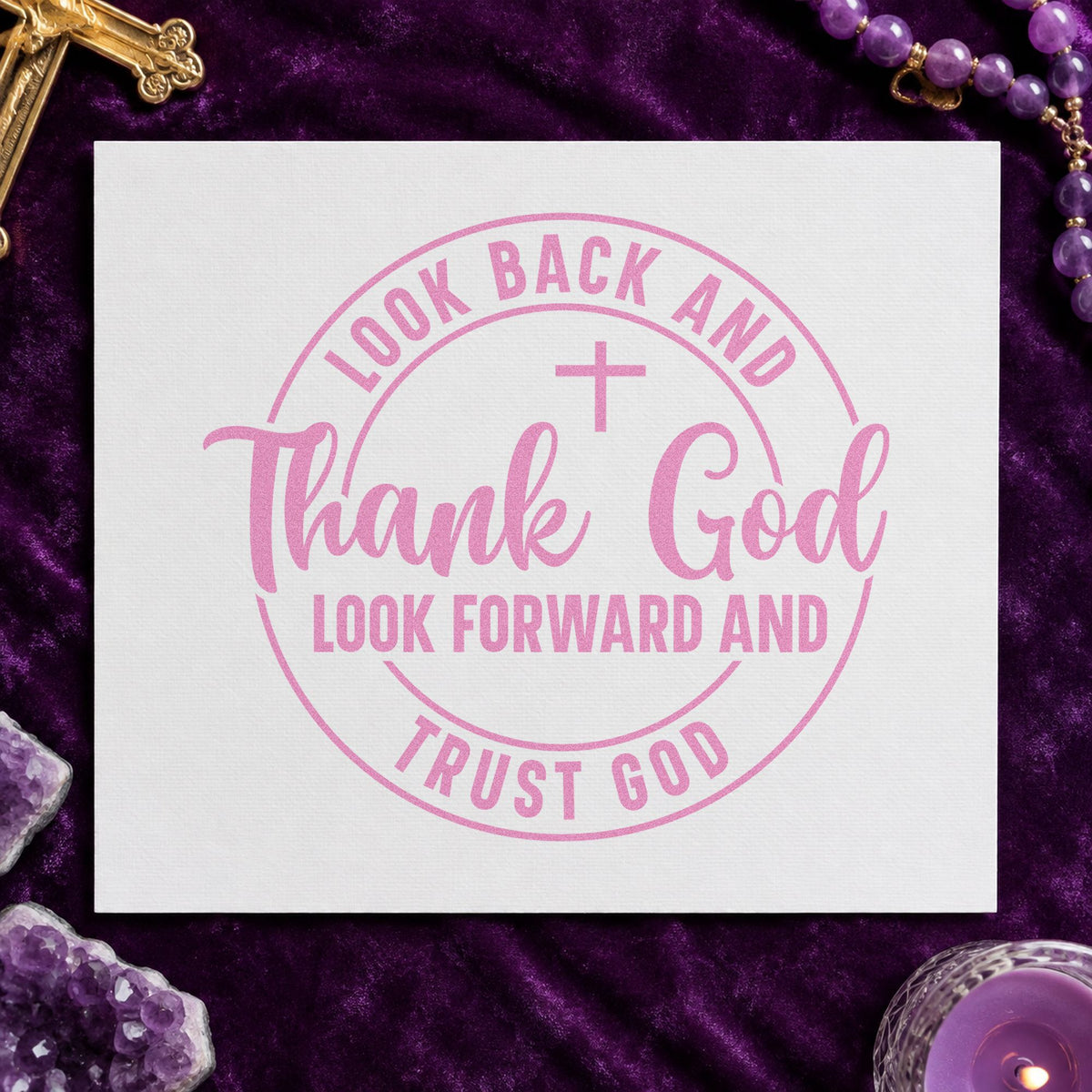 Thank and Trust God Circle craft stamp in purple ink on cardstock, an easy option for round label seals.