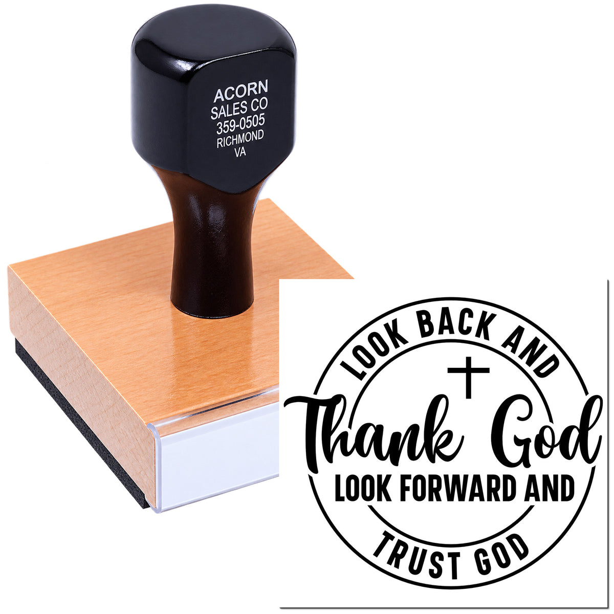 Wooden custom rubber stamp showing business address imprint and Christian Look Back and Thank God stamp design.