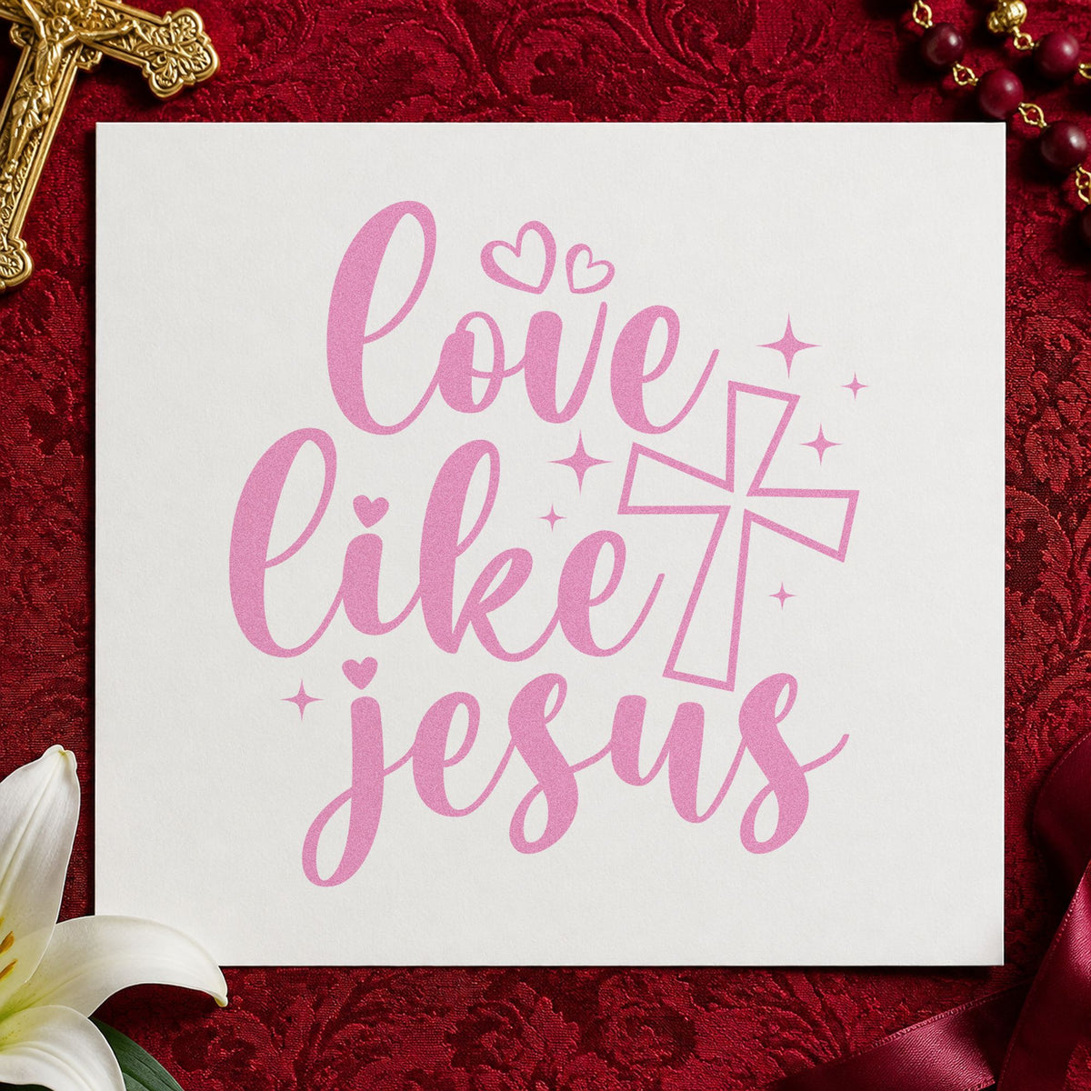 Love Like Jesus craft stamp in purple ink on cardstock, an easy option for valentine exchange.