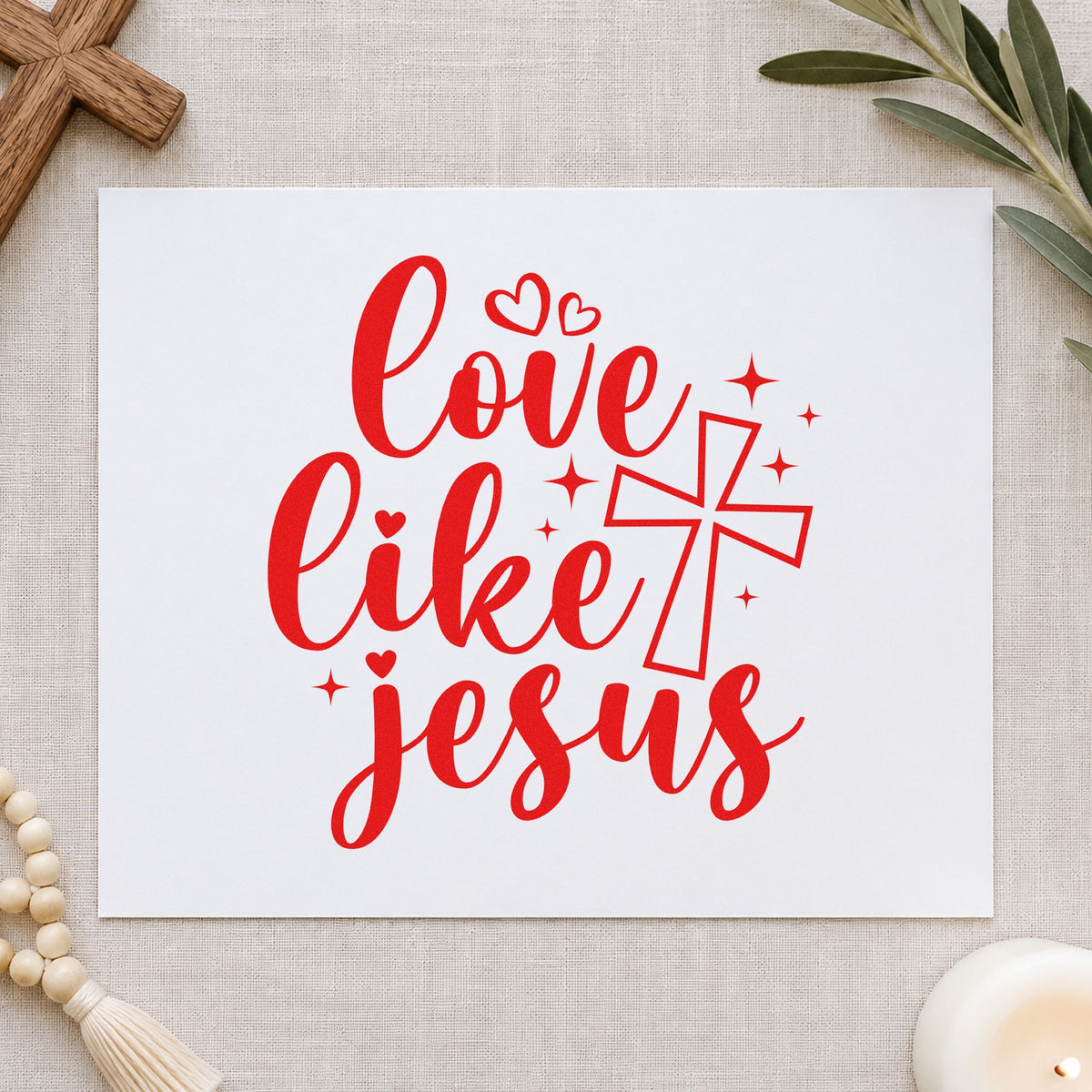 Love Like Jesus rubber stamp shown in red ink, stamped for projects such as wedding favor tags.