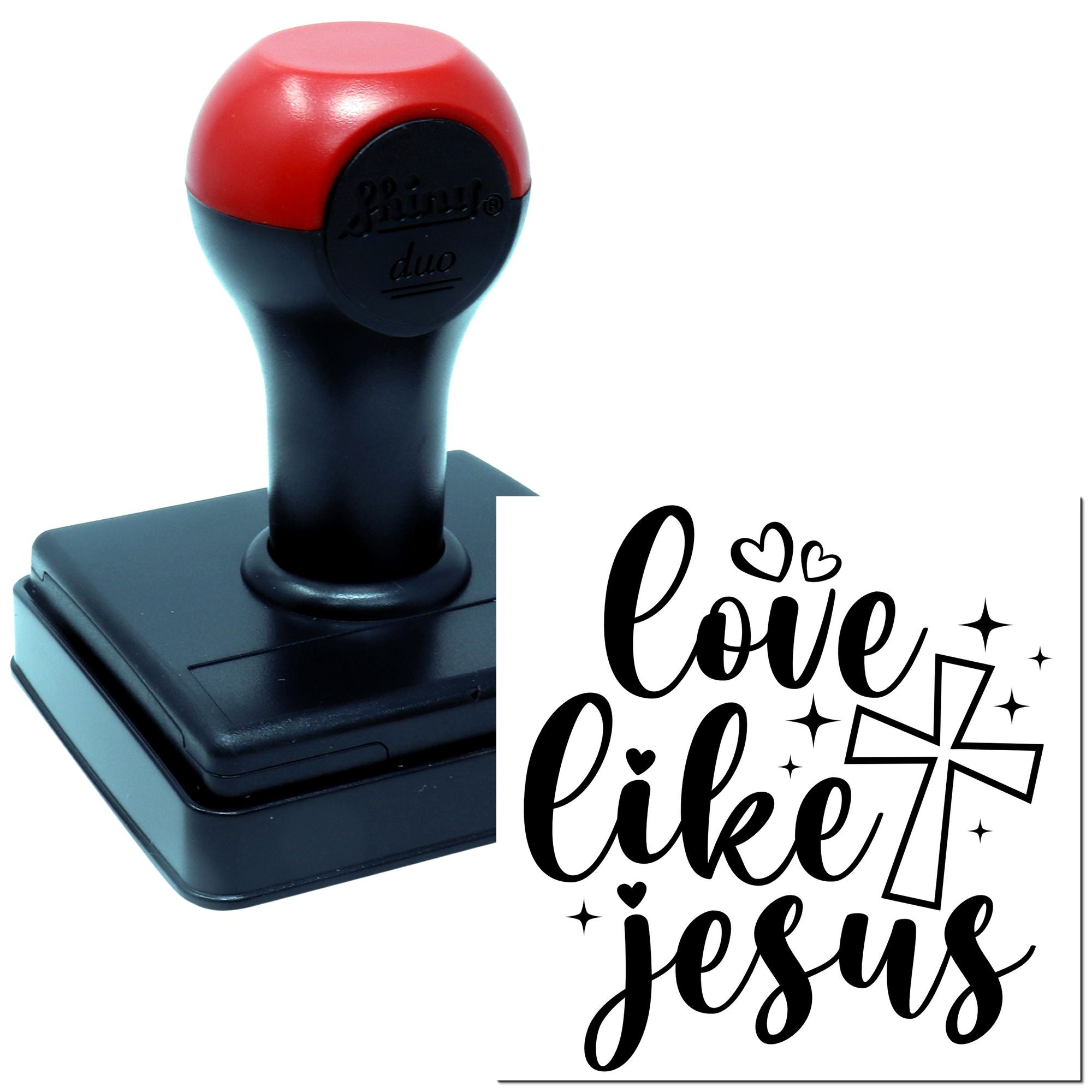 Self-inking rubber stamp with love like Jesus design and cross, ideal for Christian crafts, cards, and Bible journaling.