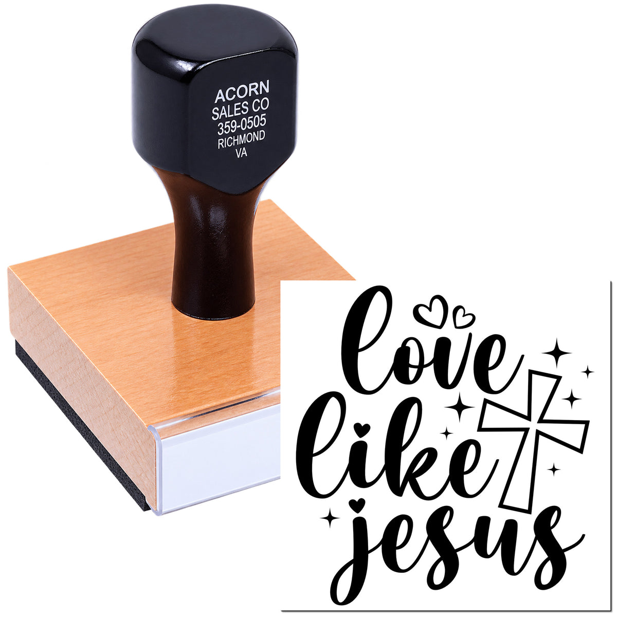 Christian rubber stamp with Love Like Jesus quote, cross, and hearts for faith-based crafts, cards, and church projects.