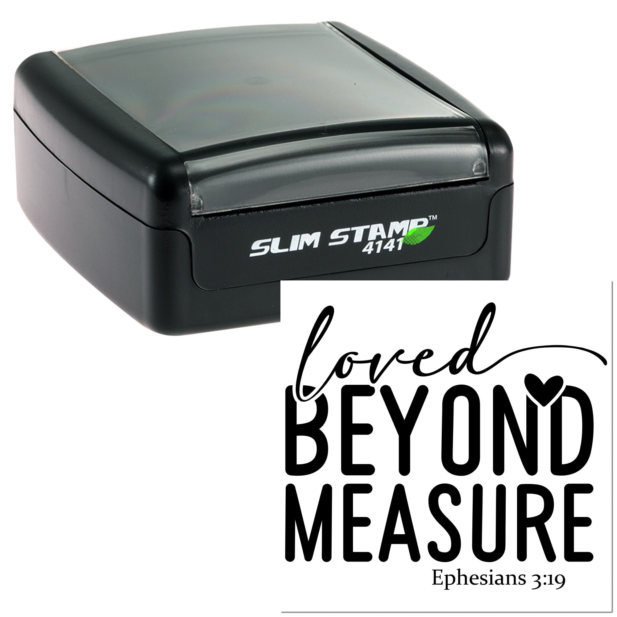 Custom self-inking rubber stamp with Loved Beyond Measure Bible verse design, Ephesians 3:19 Christian faith stamp.