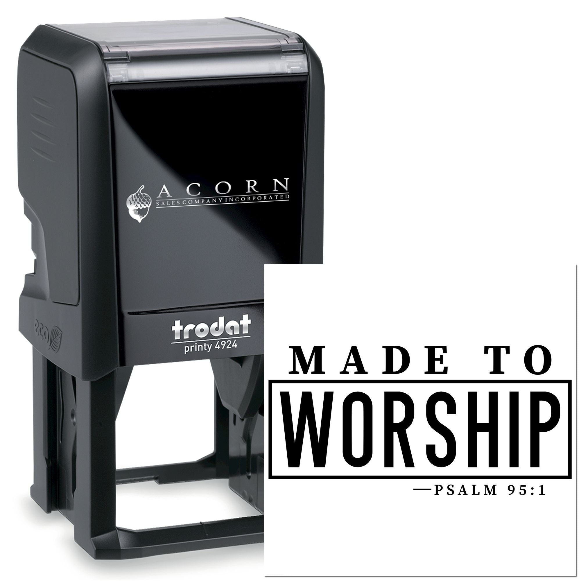 Self-inking rubber stamp with Made to Worship Psalm 95:1 design for Christian church crafts and branding.