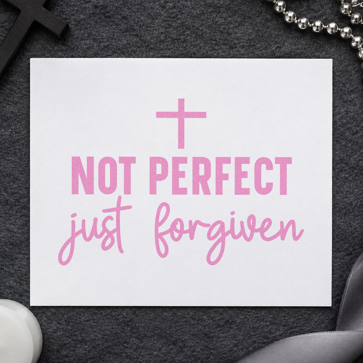 Not Perfect Just Forgiven craft stamp in purple ink on cardstock, an easy option for confession journal covers.