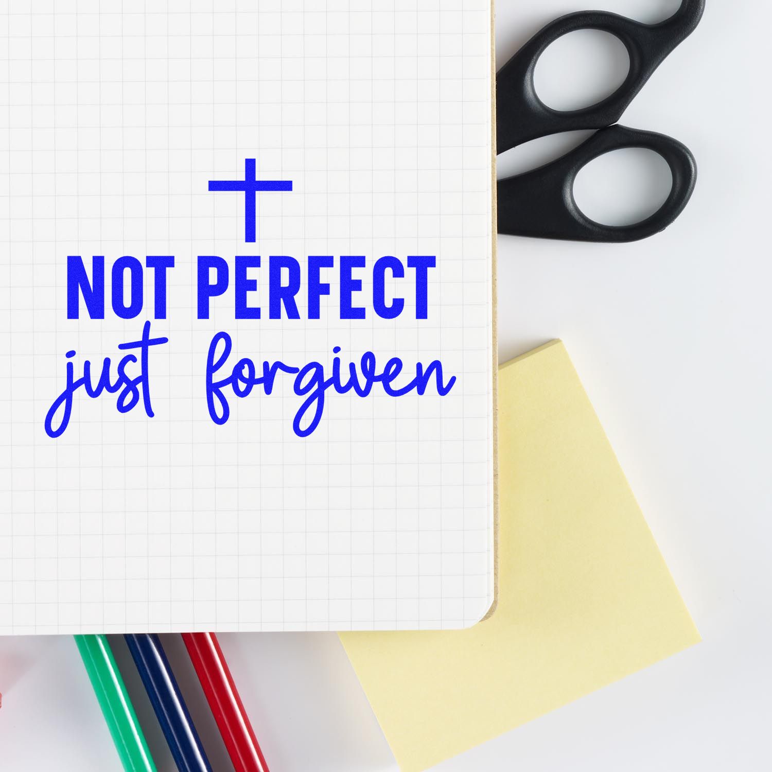 Christian rubber stamp design reading Not Perfect Just Forgiven with cross, ideal for faith journaling and craft projects.