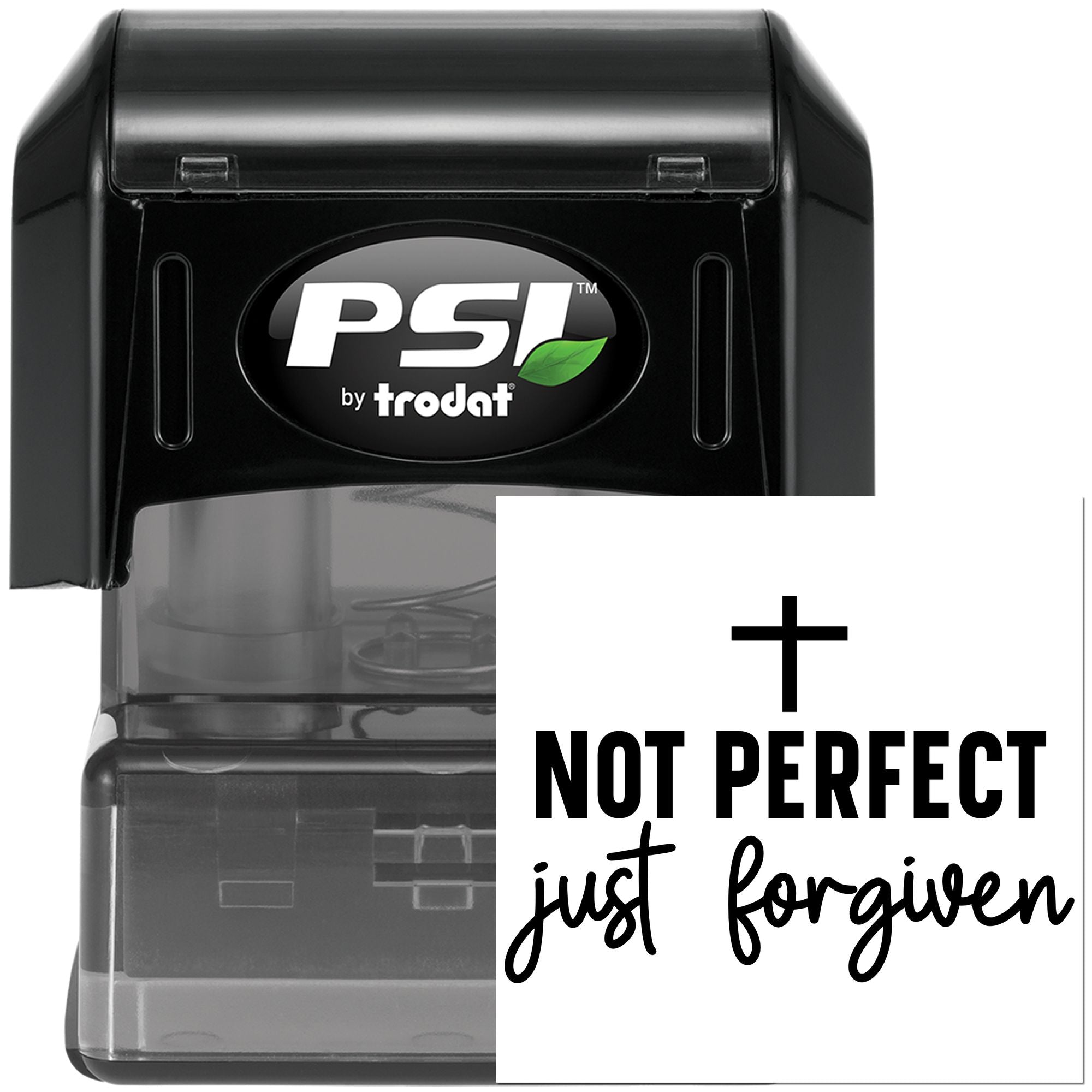 PSI by Trodat self-inking rubber stamp with Not Perfect, Just Forgiven Christian quote design.