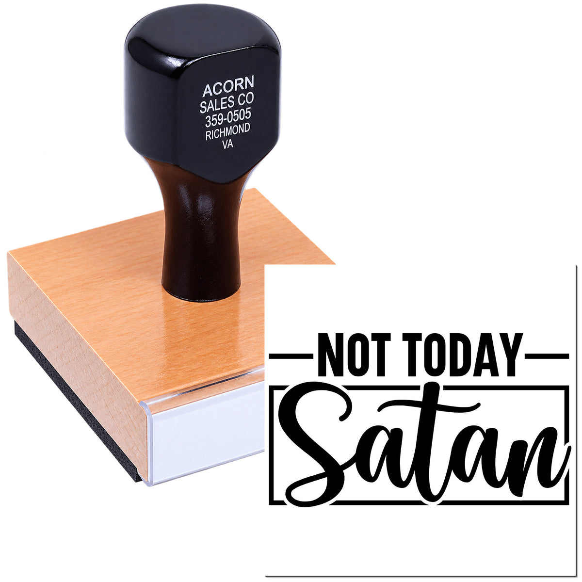 Custom rubber stamp with Not Today Satan design for fun craft projects, packaging, and personalized business use.