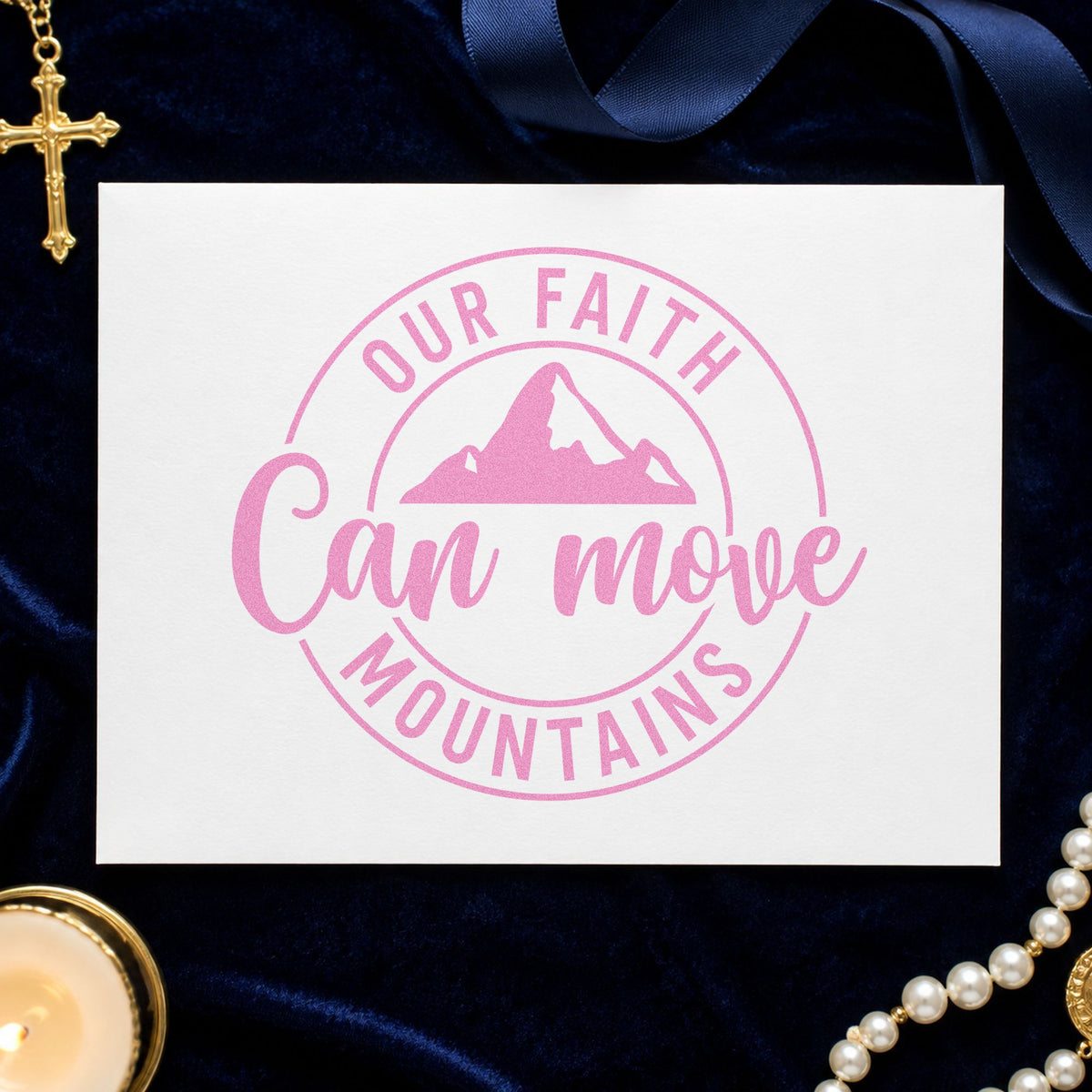 Faith Can Move Mountains craft stamp in purple ink on cardstock, an easy option for church campaign signs.