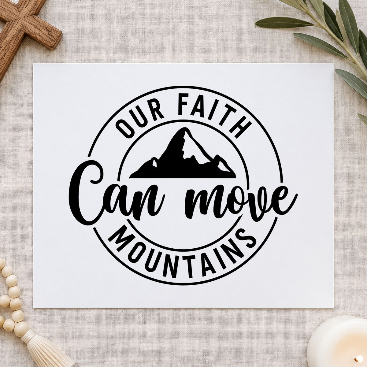 Faith Can Move Mountains rubber stamp printed in black ink, ready for silhouette circle cards and similar paper crafts.