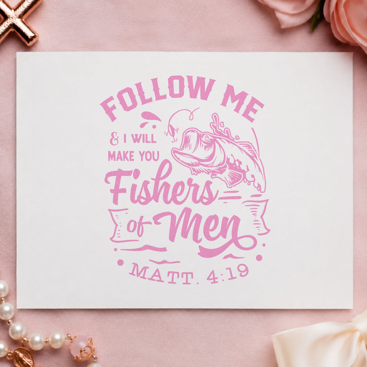 Fishers of Men craft stamp in purple ink on cardstock, an easy option for fishing license holders.