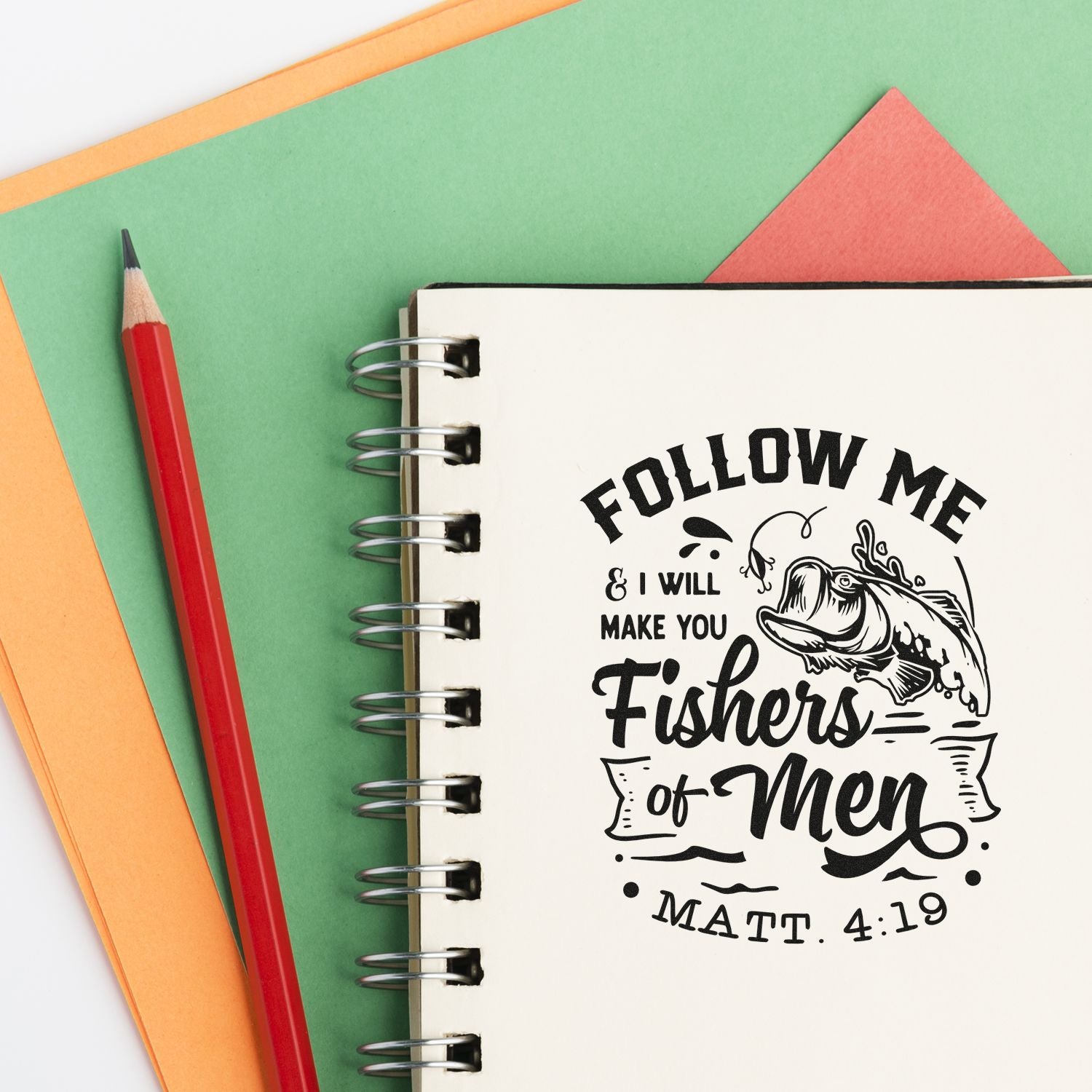 Christian fishing rubber stamp with Matthew 4:19 verse, Follow Me and I Will Make You Fishers of Men, for faith-based crafts.