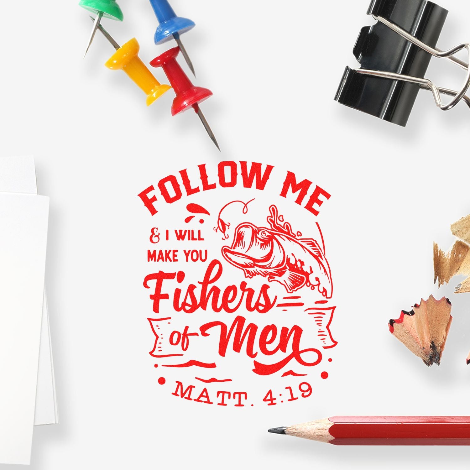Christian rubber stamp design with Follow Me Fishers of Men Bible verse, Matthew 4:19, for faith-based crafting.