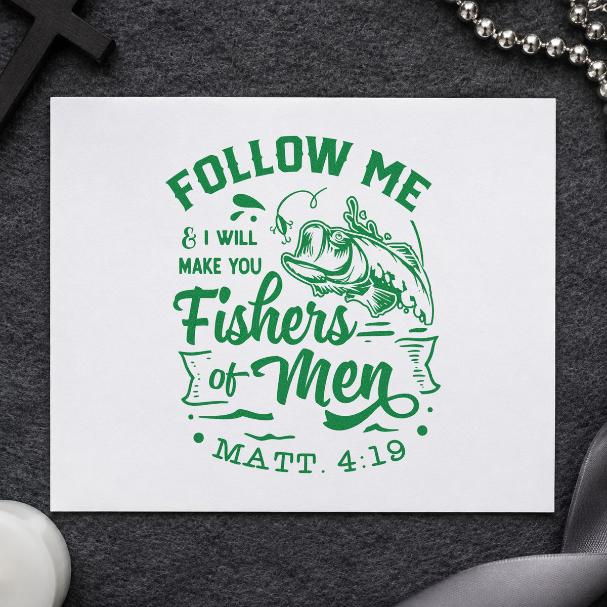 Fishers of Men craft stamp imprint in green ink on a handmade project, one idea being grandpa birthday tags.