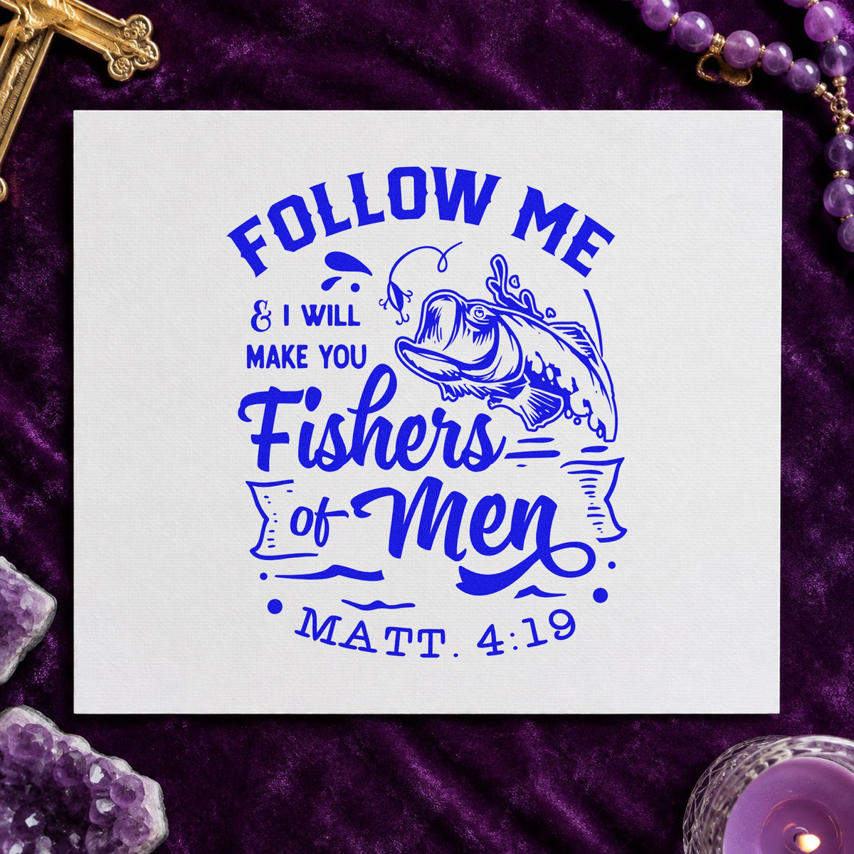 Fishers of Men craft stamp in blue ink on cardstock, an easy option for canvas totes.