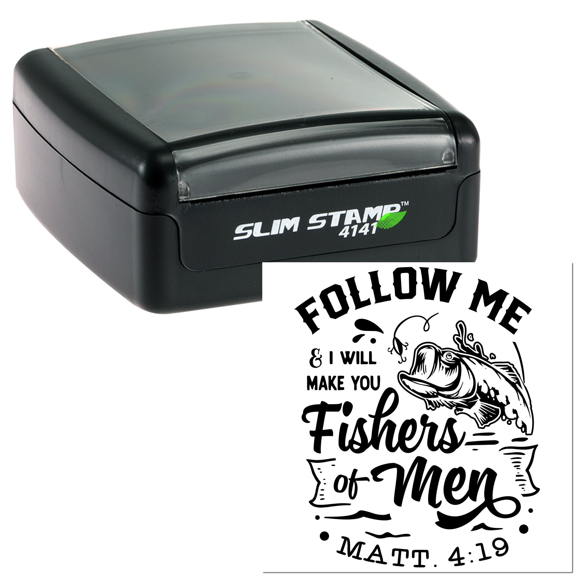 Self-inking Slim Stamp 4141 rubber stamp with Matthew 4:19 Follow Me fishers of men design.