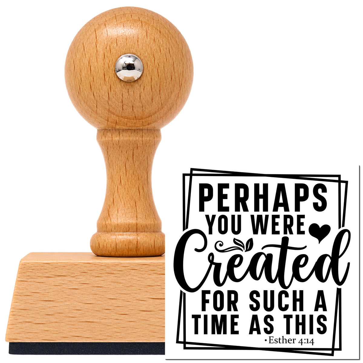 Created For Such A Time Vintage Pro rubber stamp in European beech wood with a round knob handle, shown beside its black imprint.
