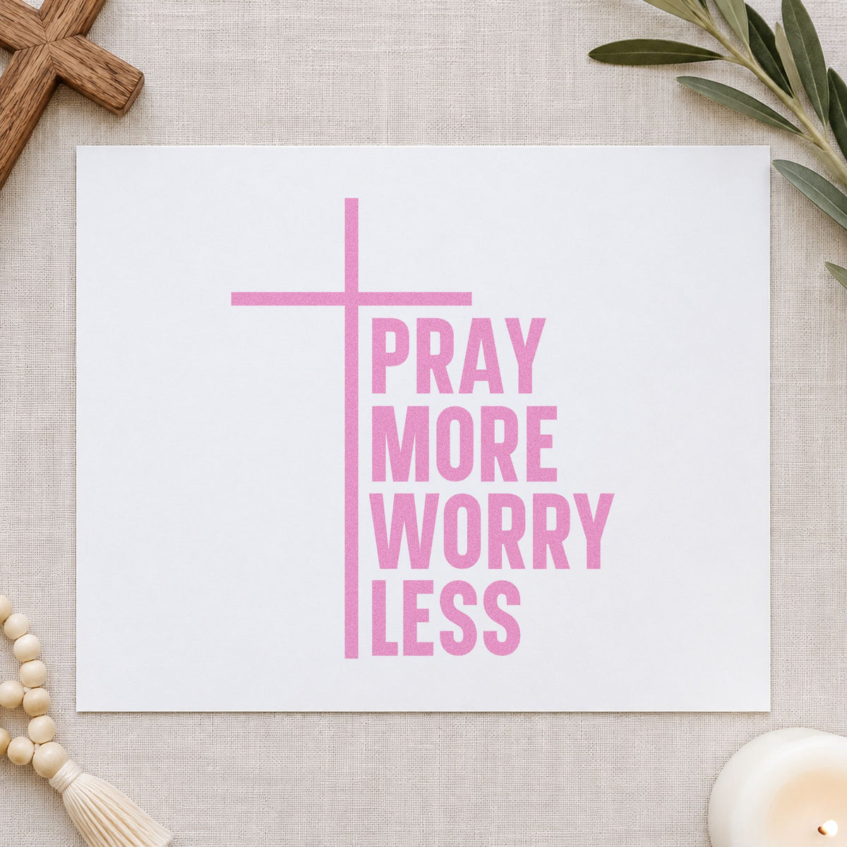 Pray More, Worry Less Cross Accent Wood Handle Stamp in use 10
