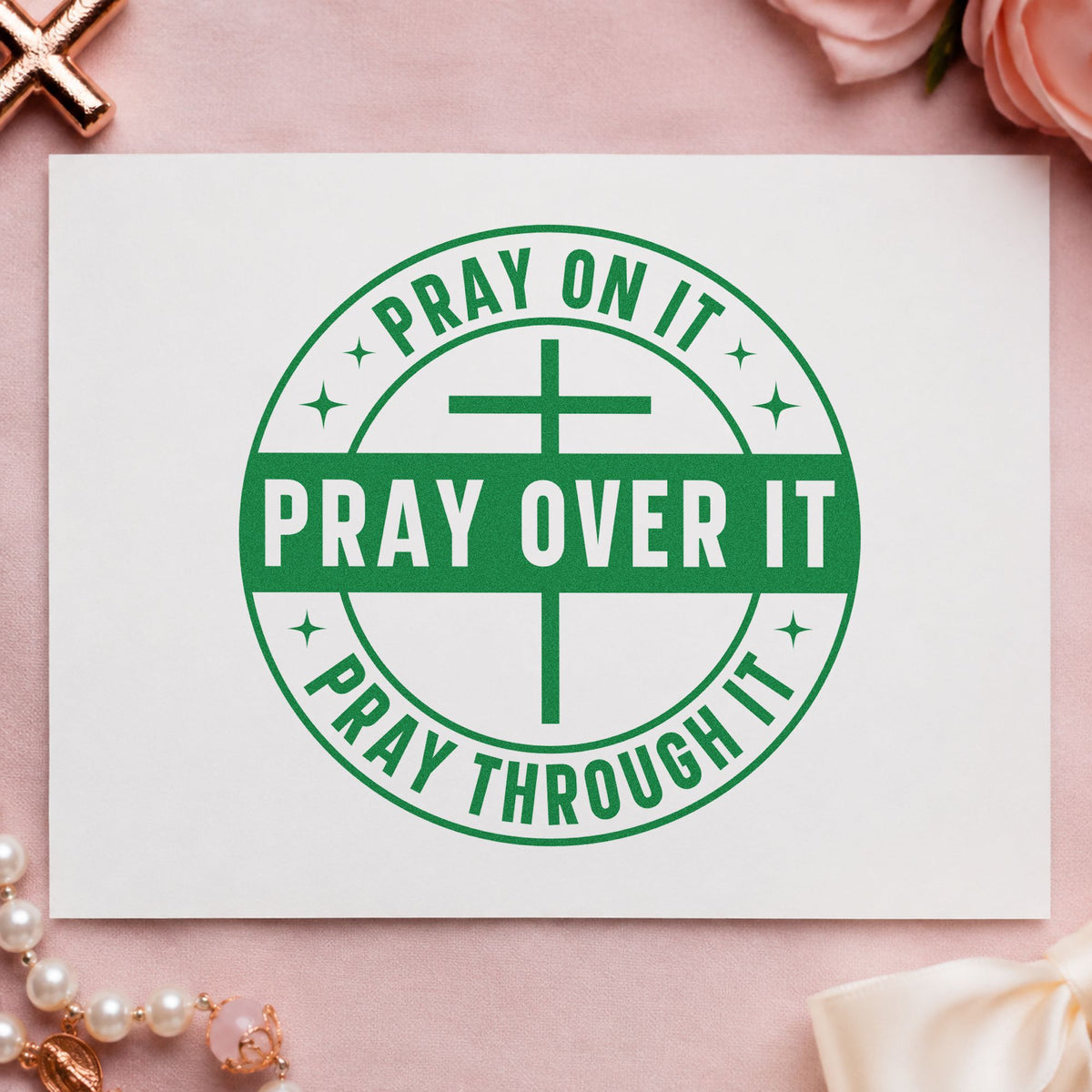 Pray on It Badge craft stamp imprint in green ink on a handmade project, one idea being round label seals.
