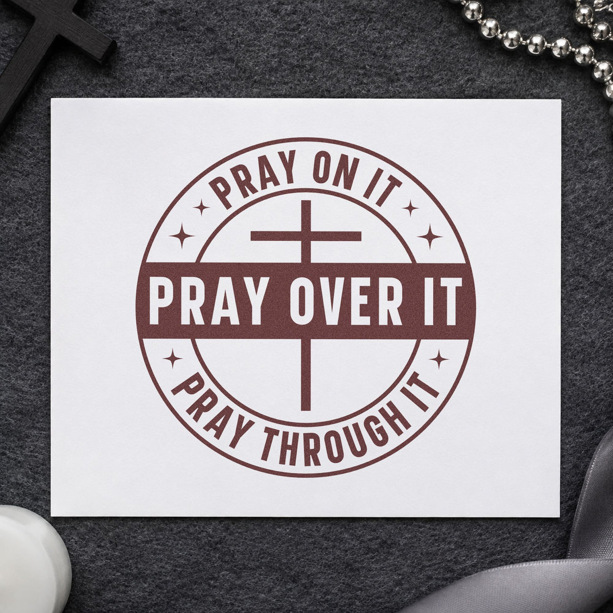 Pray on It Badge rubber stamp printed in brown ink, ready for decision pages and similar paper crafts.