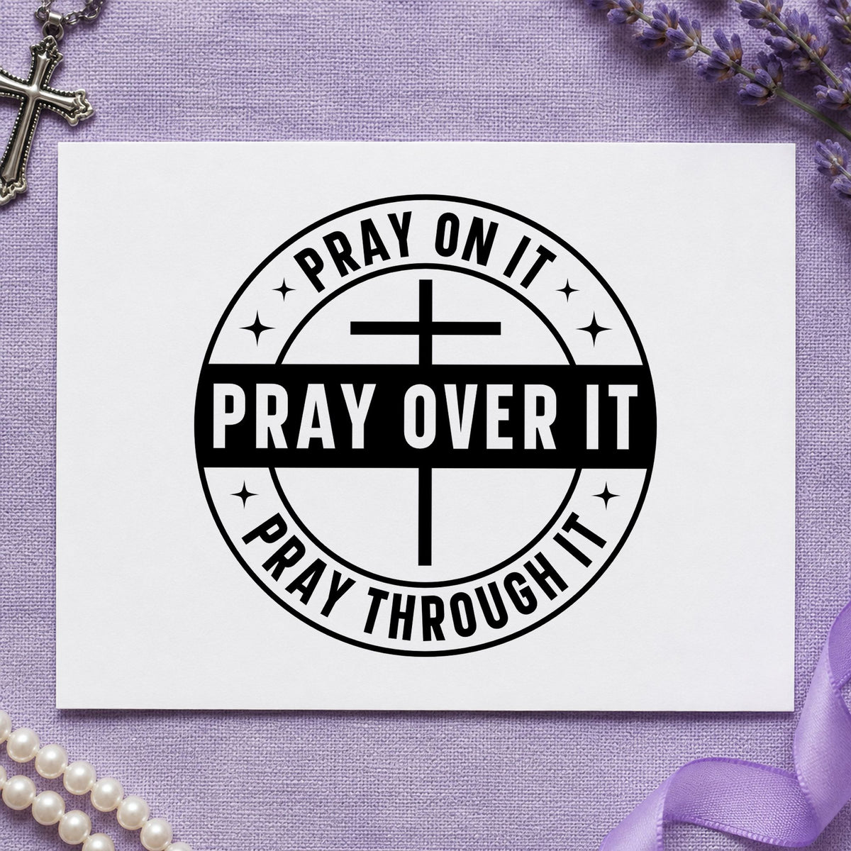 Pray on It Badge rubber stamp printed in black ink, ready for prayer badge cards and similar paper crafts.