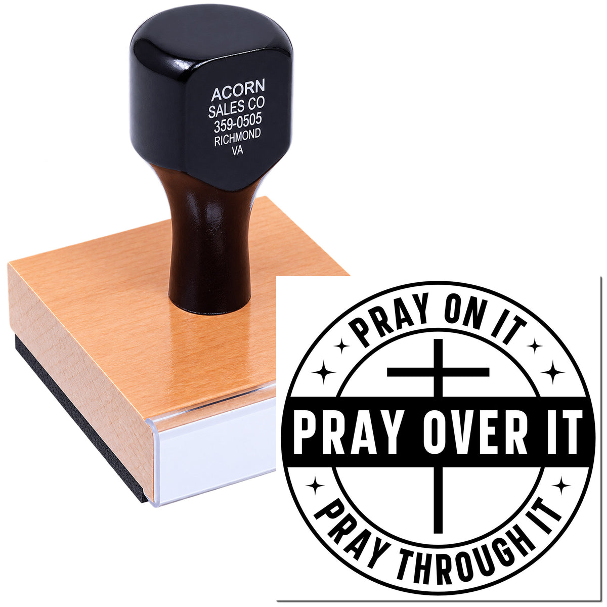 Custom rubber stamp with Christian message, Pray on it, Pray over it, Pray through it, for faith-based business or ministry use.