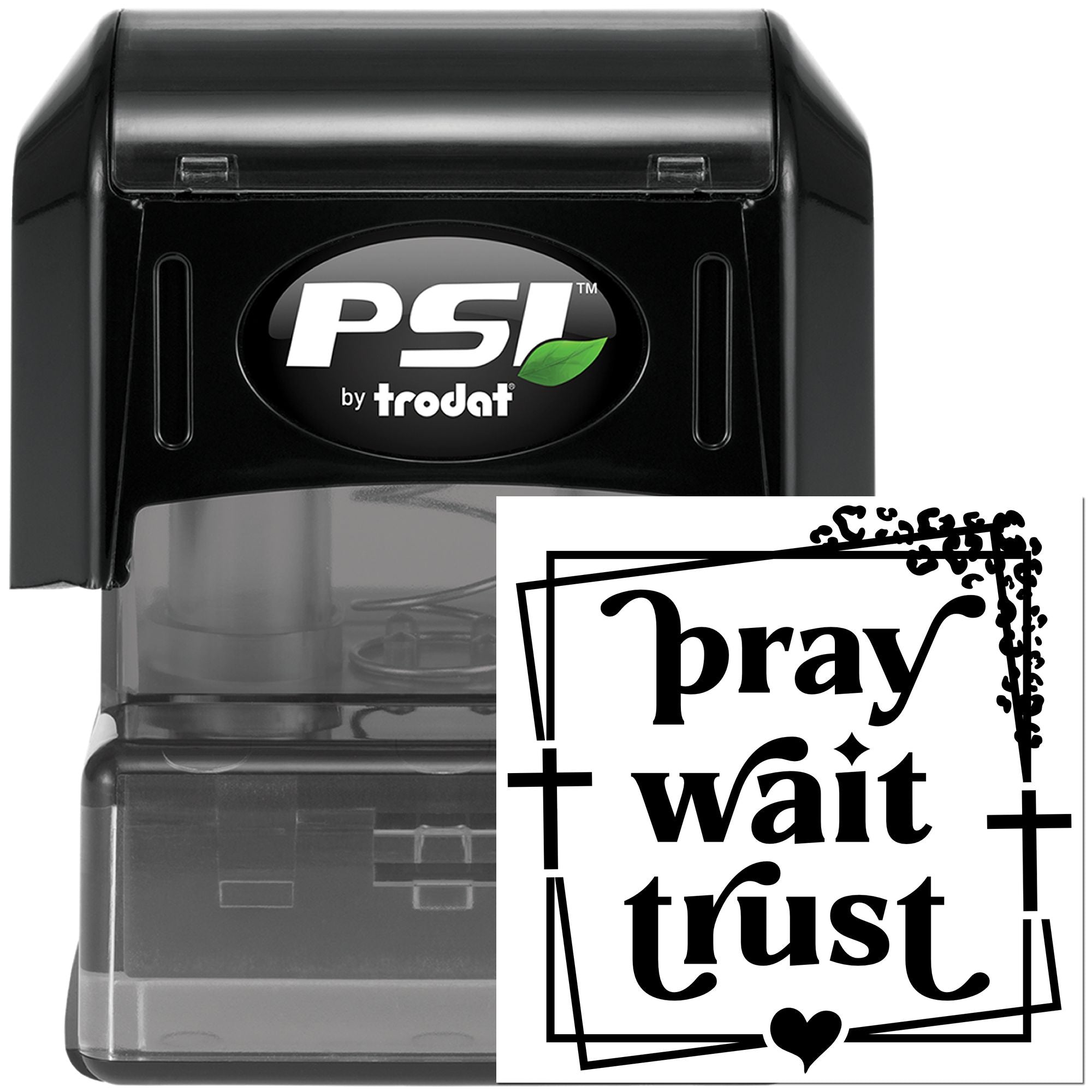 PSI by Trodat self-inking rubber stamp with Pray Wait Trust design for faith-based crafting and stamping