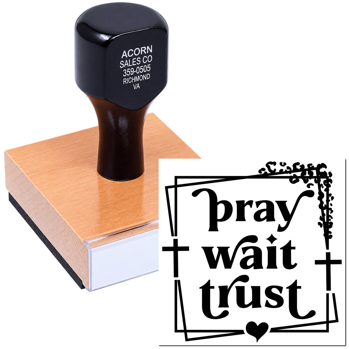 Custom rubber stamp with "pray wait trust" design and heart, ideal for faith-based crafts, journaling, and handmade cards.