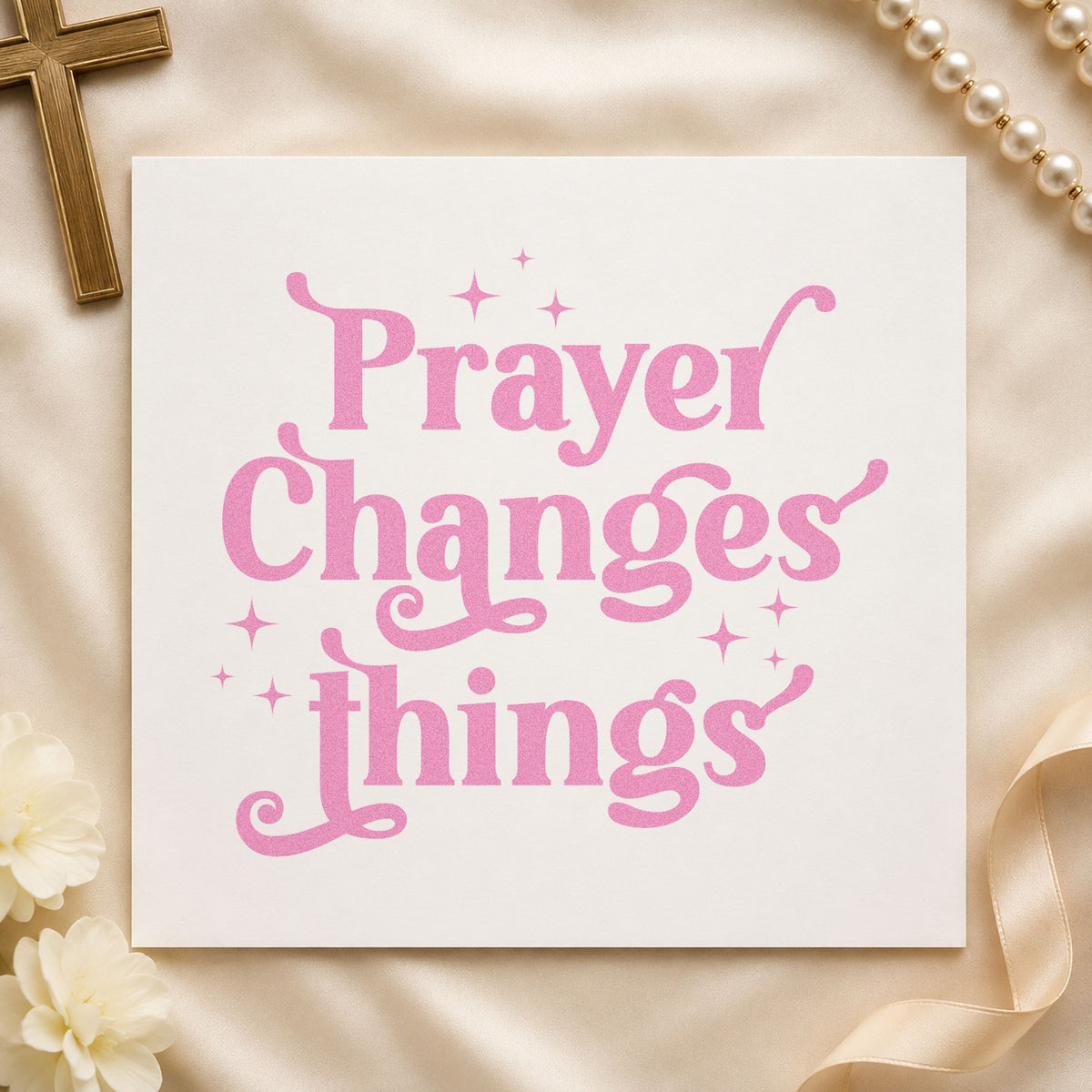 Prayer Changes Things craft stamp in purple ink on cardstock, an easy option for chain request notes.