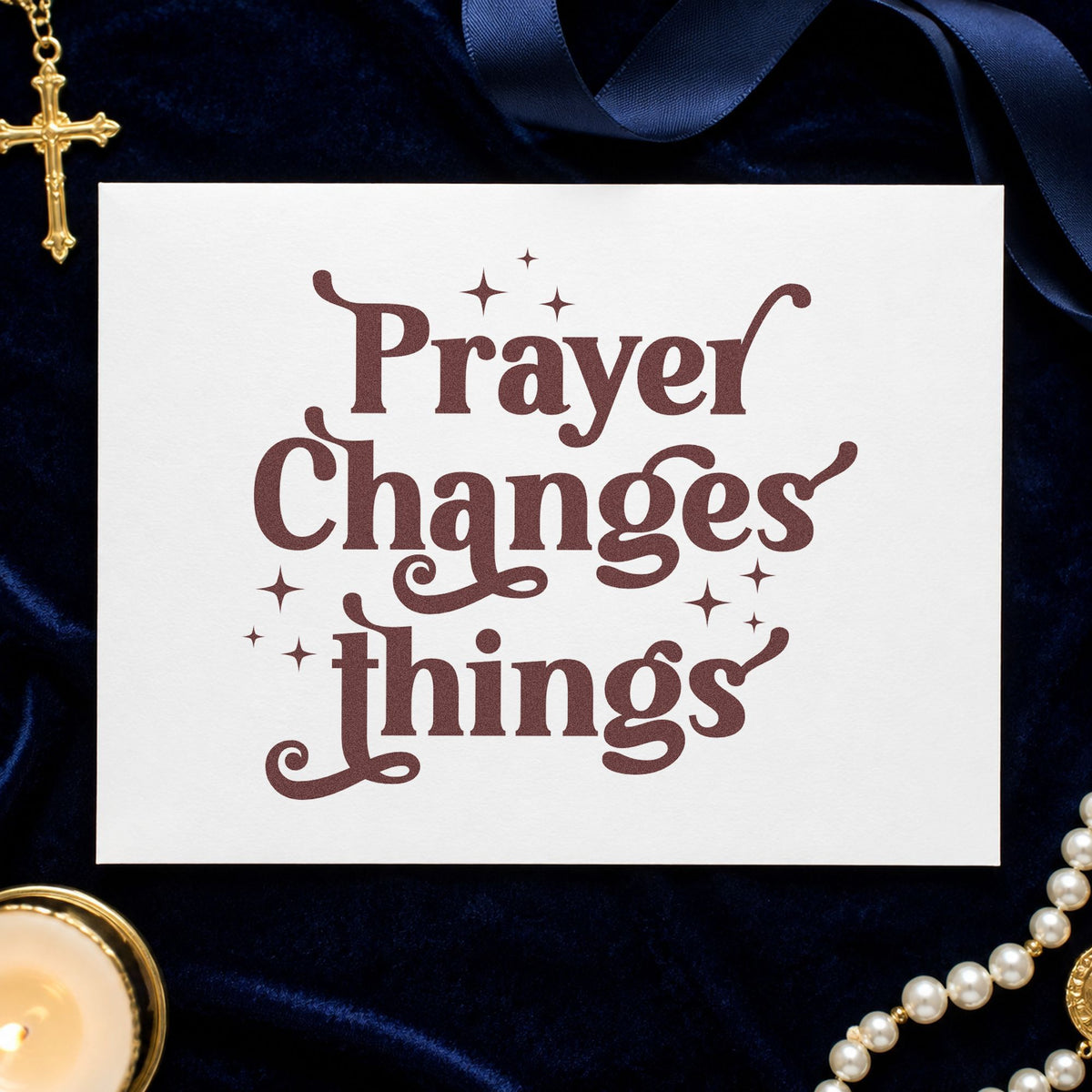 Prayer Changes Things rubber stamp printed in brown ink, ready for answered prayer pages and similar paper crafts.